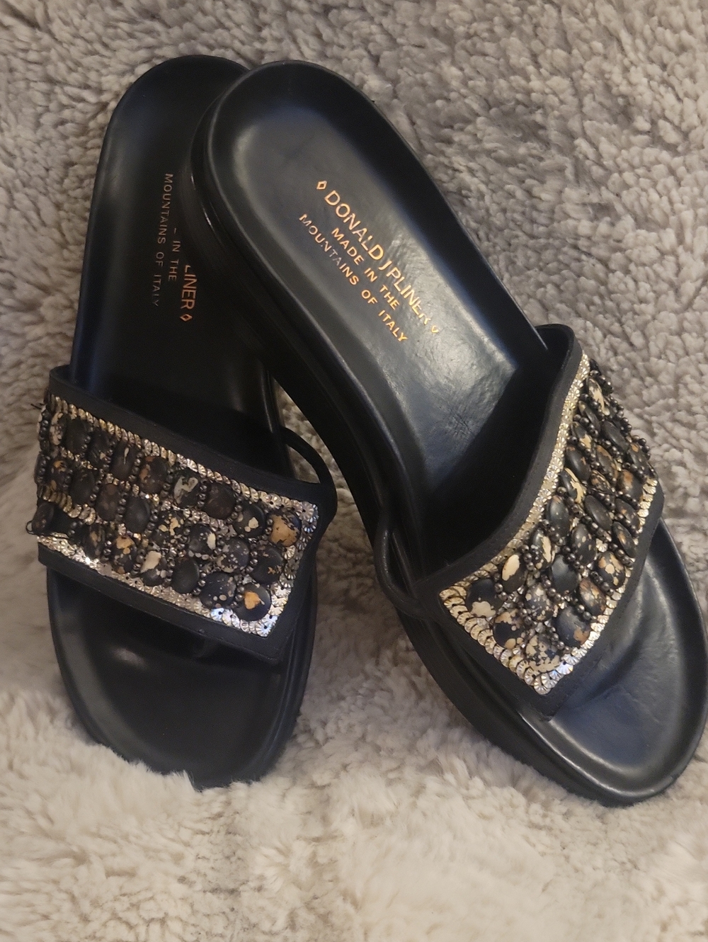 Donald J. Pliner Black and Gold Beaded Slide Sandals
